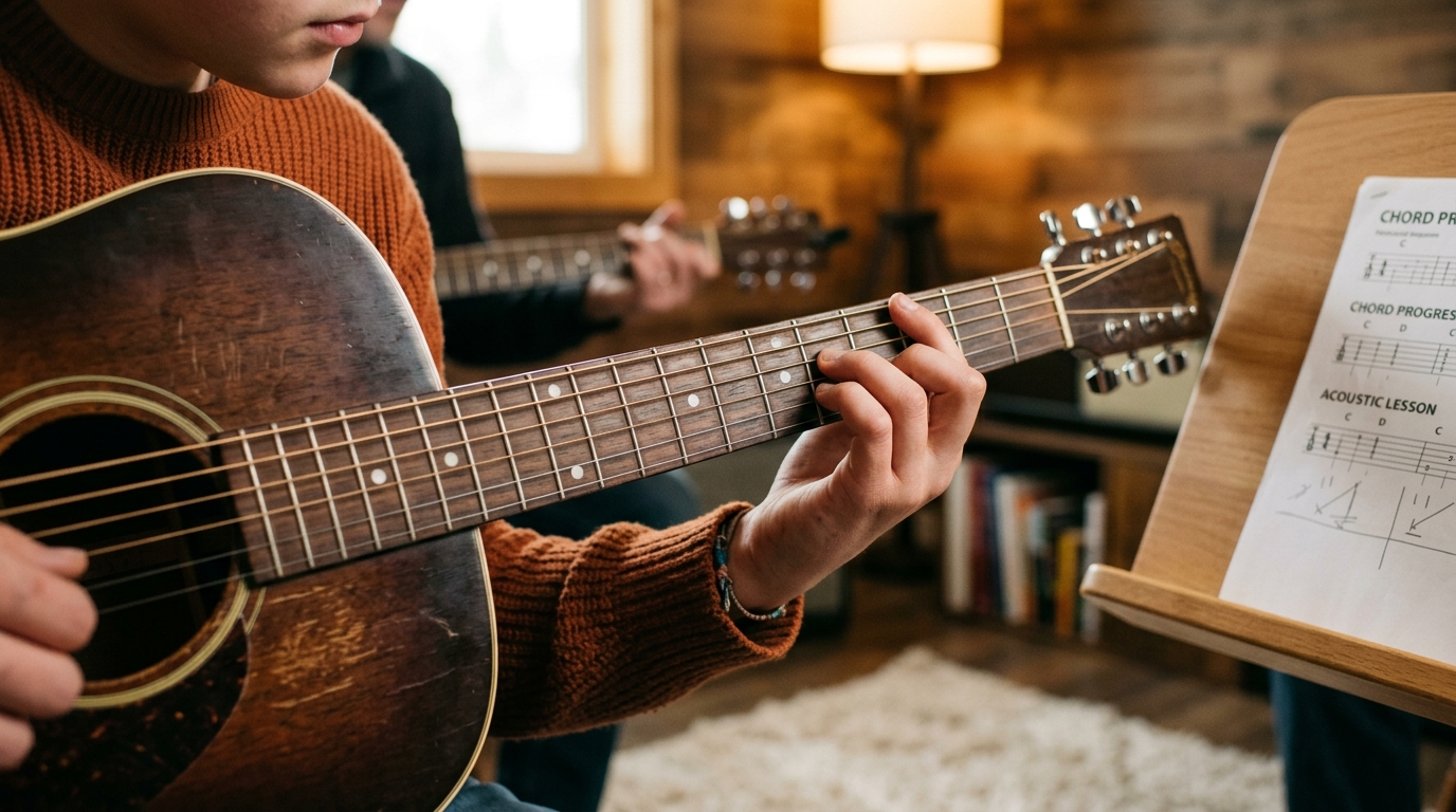 Student learning online music classes on laptop in a comfortable home setting