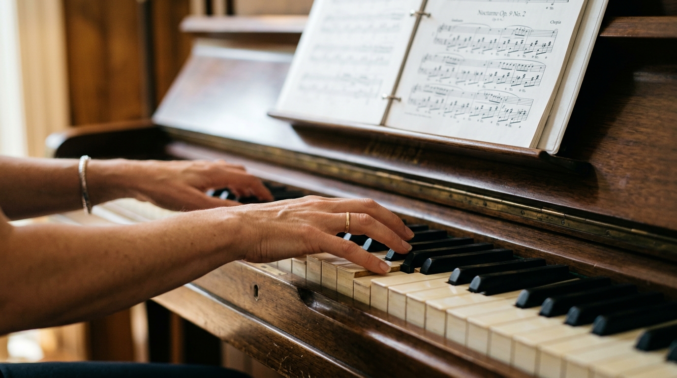 Student learning piano online at home with keyboard and laptop